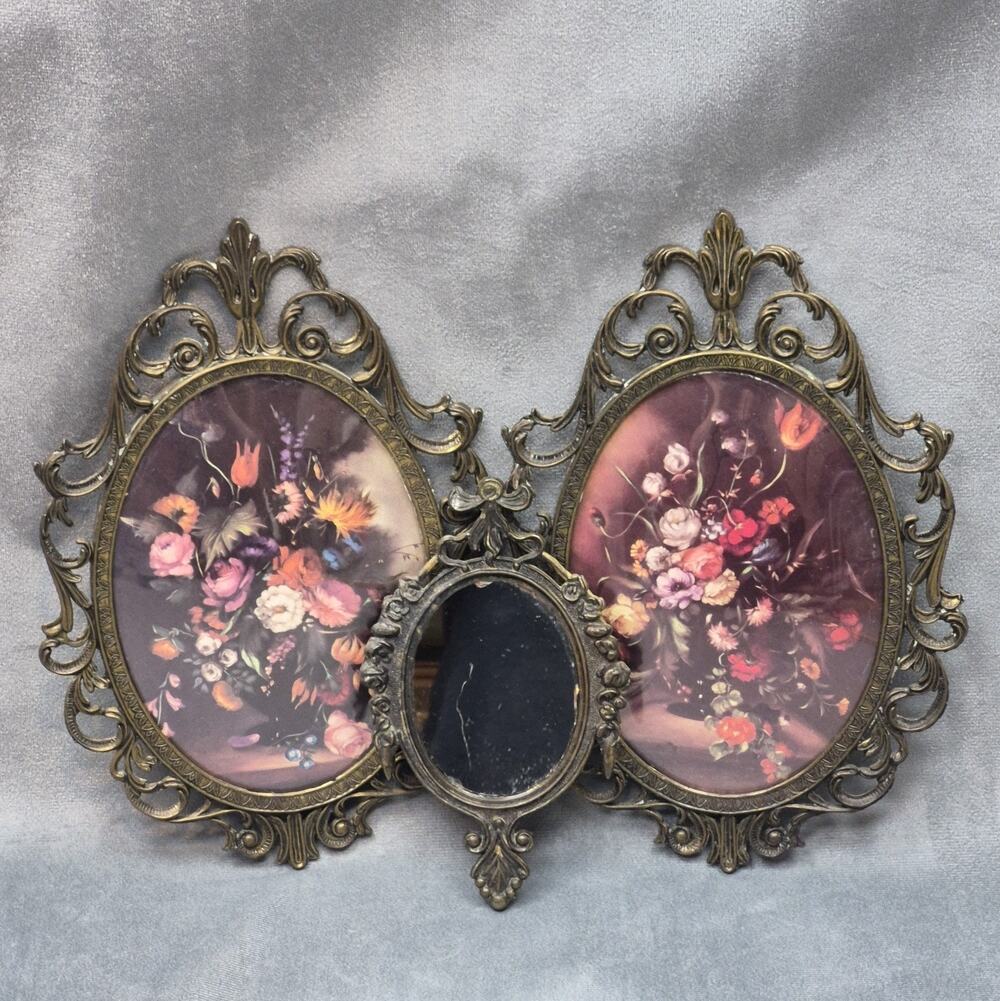 Vintage Set Of 2 Italian Floral Wall Print Ornate Brass Frames Bubble Glass
